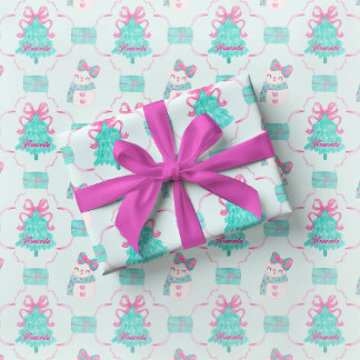 Papel De Presente Preppy Mint Girly Christmas Gift Wrap Pink Bow