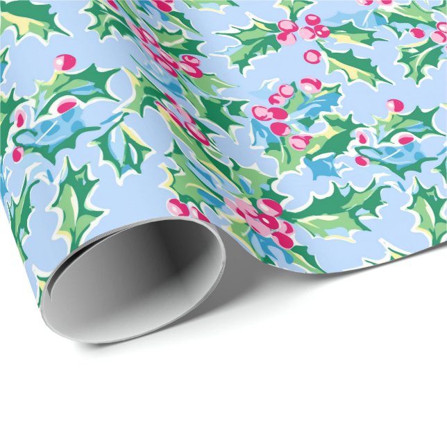 Papel De Presente Preppy Palm Beach Christmas Holly (Ponta do rolo)