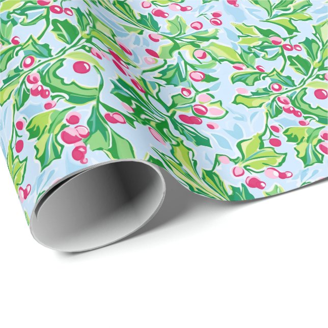 Papel De Presente Preppy Palm Beach Christmas Holly (Ponta do rolo)