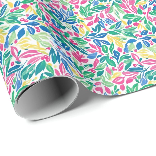 Papel De Presente Preppy Palm Beach Christmas Holly (Ponta do rolo)