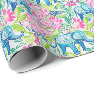 Papel De Presente Preppy Palm Beach Impressão Blue and Pink Elephant