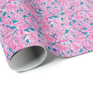 Papel De Presente Preppy Palm Beach Impressão rosa & Blue Seashells