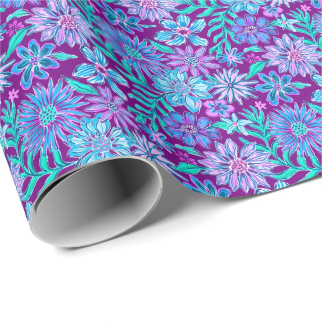 Papel De Presente Preppy Palm Beach Impressão roxo e flores azuis (Ponta do rolo)