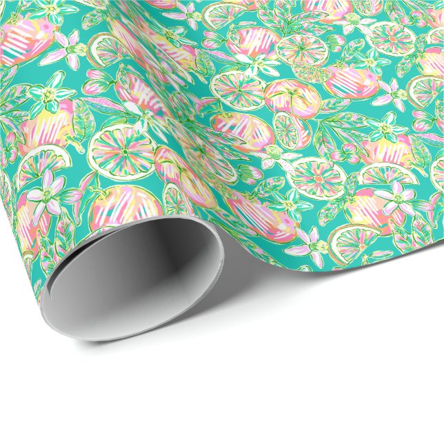Papel De Presente Preppy Palm Beach Impressão Teal e Laranjas rosa (Ponta do rolo)