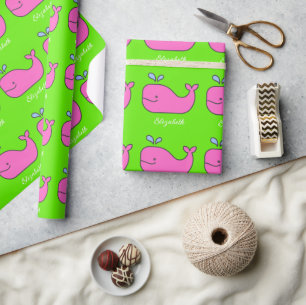Papel De Presente Preppy Pink e Green Whales personalizadas
