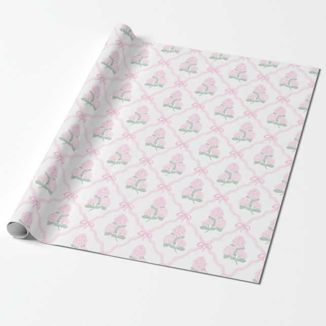 Papel De Presente Preppy Pink Hydrangea with Pink Bow Trellis (Desenrolado)