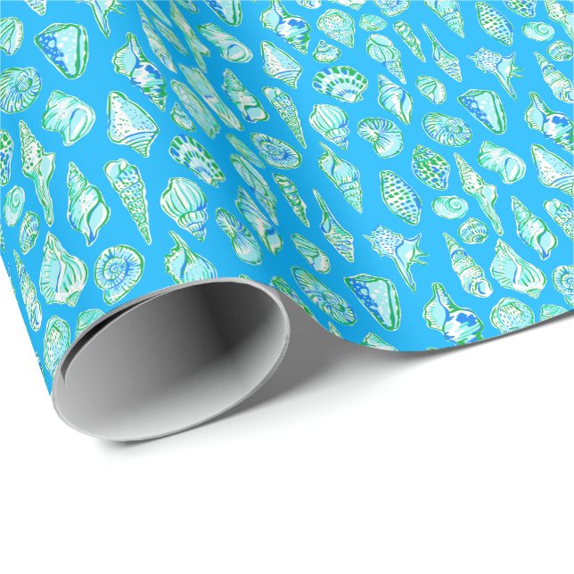 Papel De Presente Preppy Verde Branco Azul Concha (Ponta do rolo)