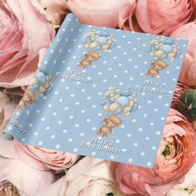 Papel De Presente Presente Adorável para Chá de Bebê! (Adorable Blue Boy Teddy With Balloons – Perfect Gift Surprise!)