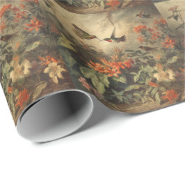 Papel De Presente Presente Botânico Floral e Beija-flor Vintage