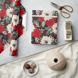 Papel De Presente Presente com padrão de Natal vermelho floral branc