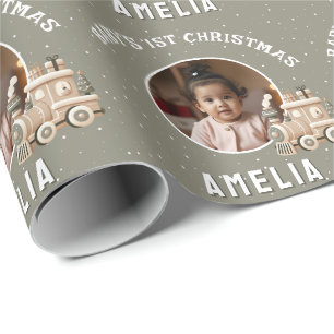 Papel De Presente Presente de 1º Natal do Bebê Neutro Trem Lembrança