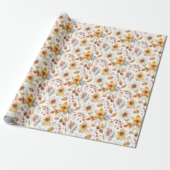 Papel De Presente Presente de Aniversário | Floral Outonal Aquarela (Desenrolado)