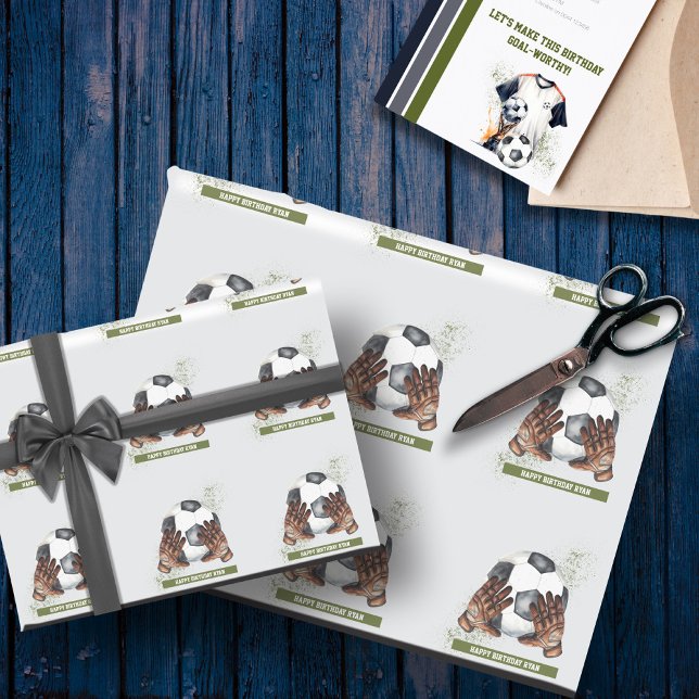 Papel De Presente Presente de aniversário personalizado para criança (Green Blue Soccer Birthday Party White Background)