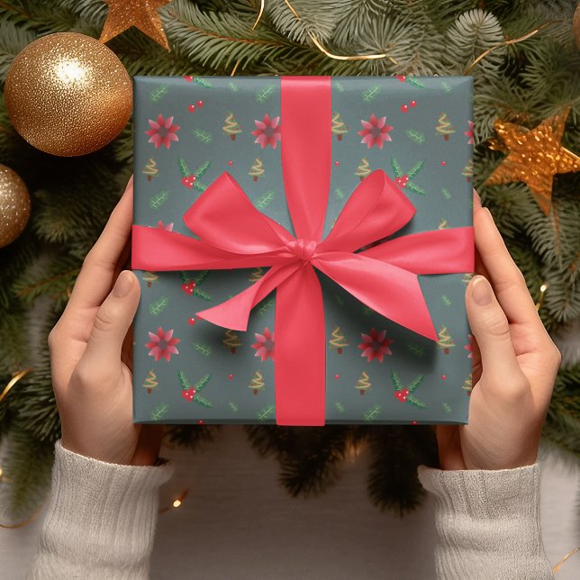 Papel De Presente Presente de Árvore de Natal Moderna e Flores Verme (Criador carregado)