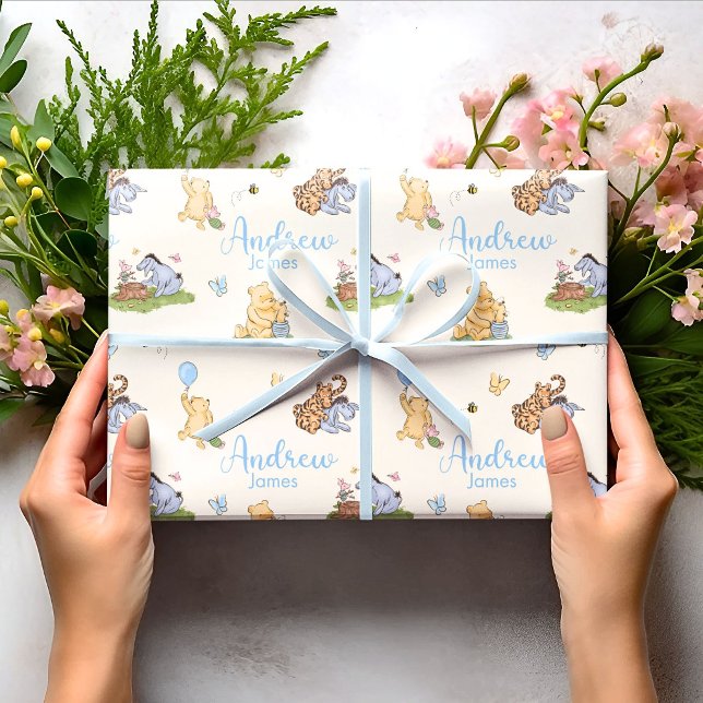 Papel De Presente Presente de Chá de Bebê do Menino Azul do Winnie t (classic Winnie the Pooh baby shower gift wrapping paper in blue for baby boy birthday gift first )