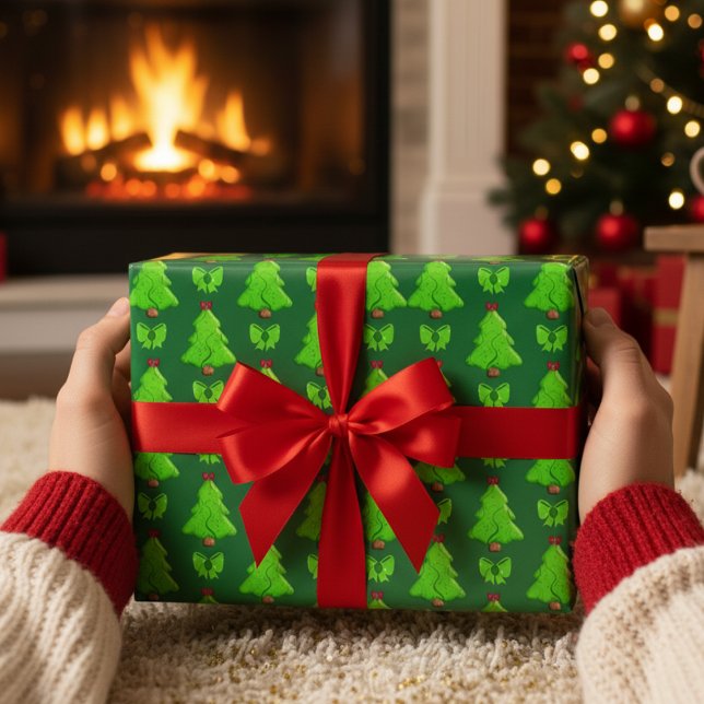 Papel De Presente Presente de mão desenhada pelas árvores de Natal (Whats Christmas without a tree? Here are some hand drawn trees on a forest green background.)