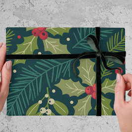 Papel De Presente Presente de Natal de Folhagens e Frutas de Azevinh