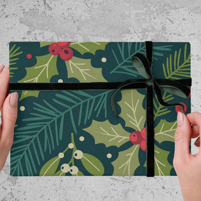 Papel De Presente Presente de Natal de Folhagens e Frutas de Azevinh (Criador carregado)