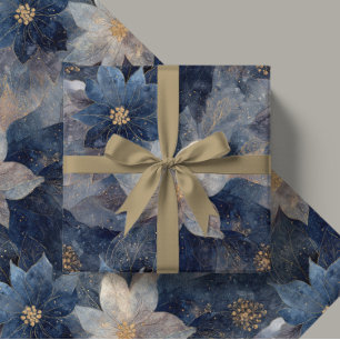 Papel De Presente Presente de Natal Luxuoso Poinsettia Azul e Branco