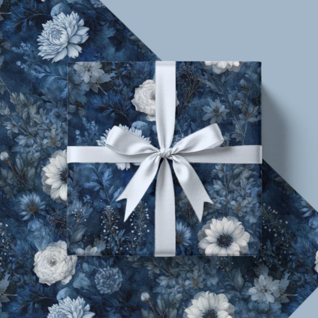 Papel De Presente Presente de Natal Meia-Noite Azul e Branco de Inve (Criador carregado)