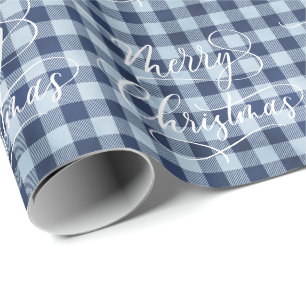 Papel De Presente Presente de Natal Moderno em Xadrez Azul e Branco
