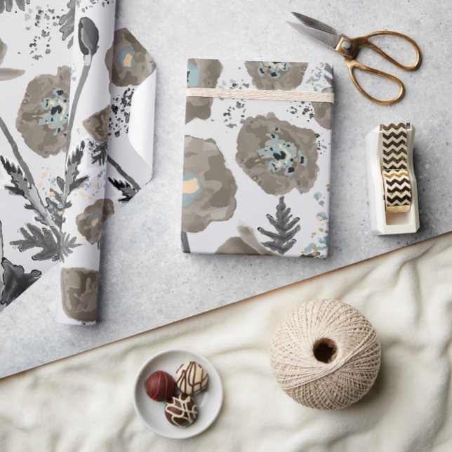 Papel De Presente Presente de Padrão de Aquarela de Populações Flora (Floral Poppies Watercolor Pattern Gift Wrapping Paper from Studio Posies.)