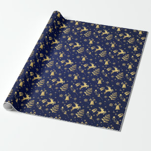 Papel De Presente Presente De Padrão De Natal Dourado E Azul Elegan