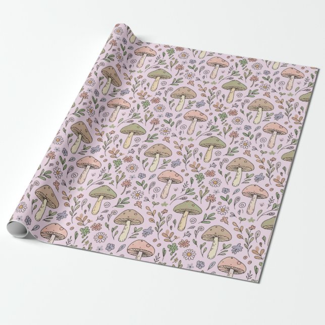 Papel De Presente Presente de Padrão Sem Costura de Fungos Rosa Bege (Desenrolado)