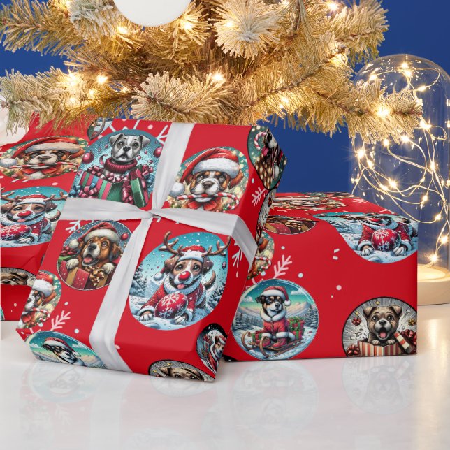 Papel De Presente Presente de Papais noeis de neve e cães ilustrados (Feriados)