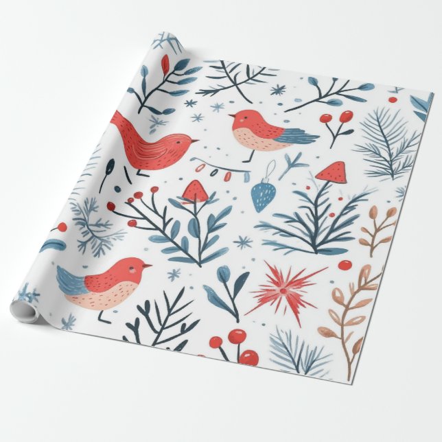Papel De Presente Presente de pássaros brancos fofos do inverno Rust (Desenrolado)