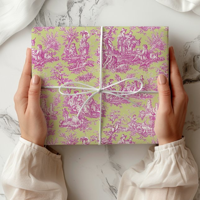 Papel De Presente Presente Elegante Vintage Verde Rosa Toile de Jouy (Criador carregado)