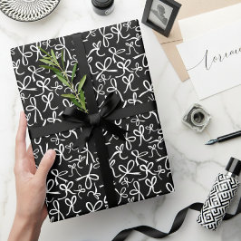 Papel De Presente Presente Feminino com Padrão de Laços Preto Branco