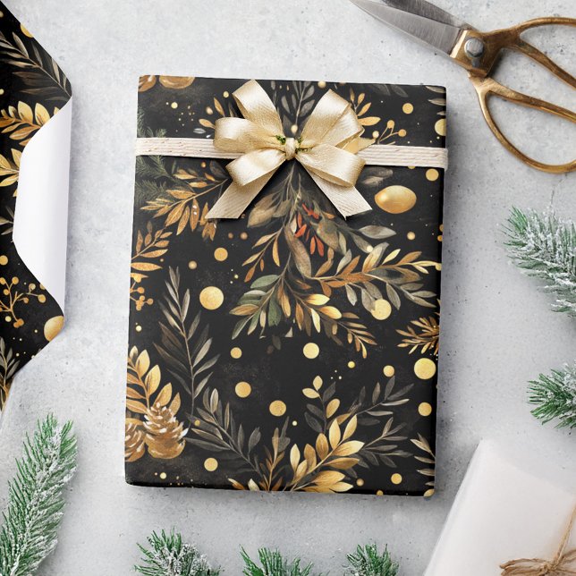 Papel De Presente Presente Festivo Elegante Dourado de Natal (Christmas Black Gold Moody Elegant Festive Wrapping Paper)
