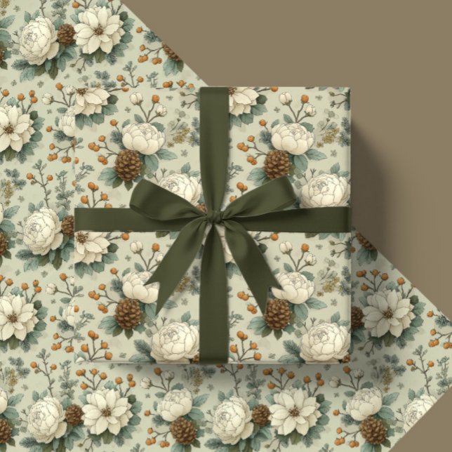 Papel De Presente Presente Floral Clássico de Natal em Creme e Verde (Criador carregado)