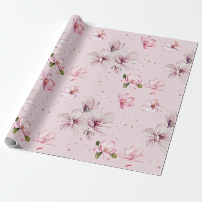 Papel De Presente Presente Floral de Aquarela Rosa Bege Magnólia (Desenrolado)