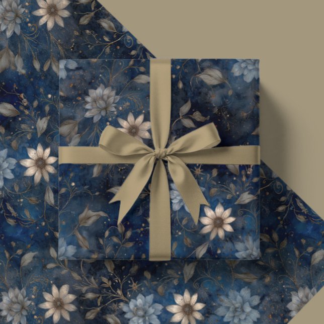 Papel De Presente Presente Floral Natal Meia-Noite Azul e Creme (Criador carregado)