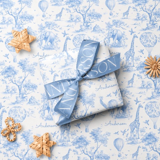 Papel De Presente Presente Personalizado de Chuvinha de Bebê Safari  (blue Toile Safari Personalized Gift Wrapping Paper blue boy Baby Shower Giftwrap Custom Name Giftwr)