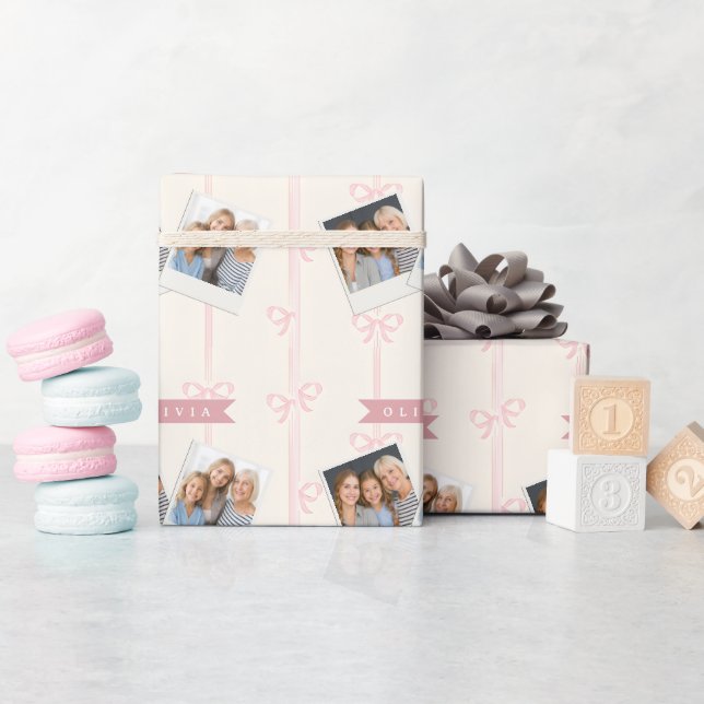 Papel De Presente Presente Personalizado Laço Rosa Nome Elegante Coq (Chá de bebê)