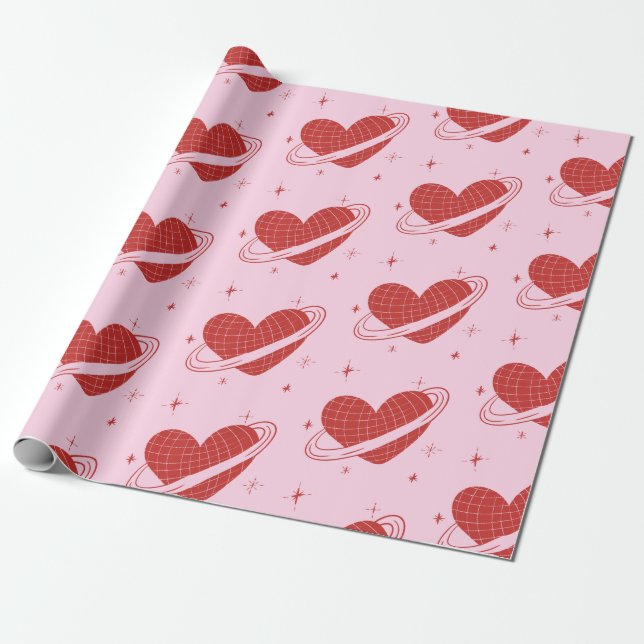 Papel De Presente Presente Rosa Espaço Retro Anel Saturno Coração Di (Desenrolado)