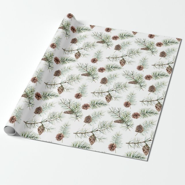 Papel De Presente Presente Rustic Winter Christmas Pinecone Branch (Desenrolado)