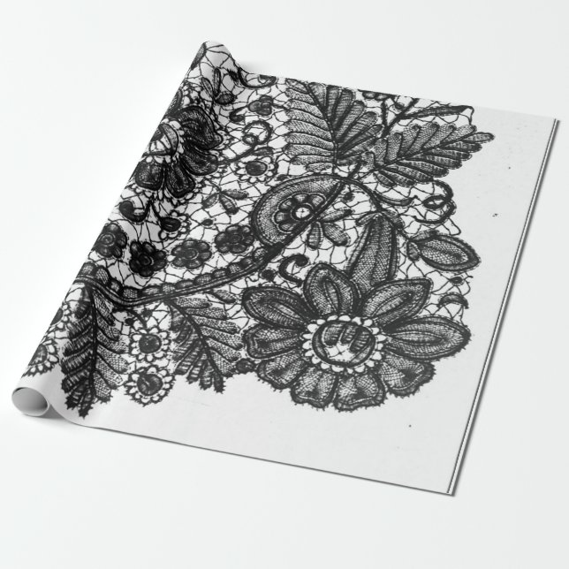 PAPEL DE PRESENTE PRESENTEAMENTO COM ESTILO DE RENDAS ANTIGAS PRETO  (Desenrolado)