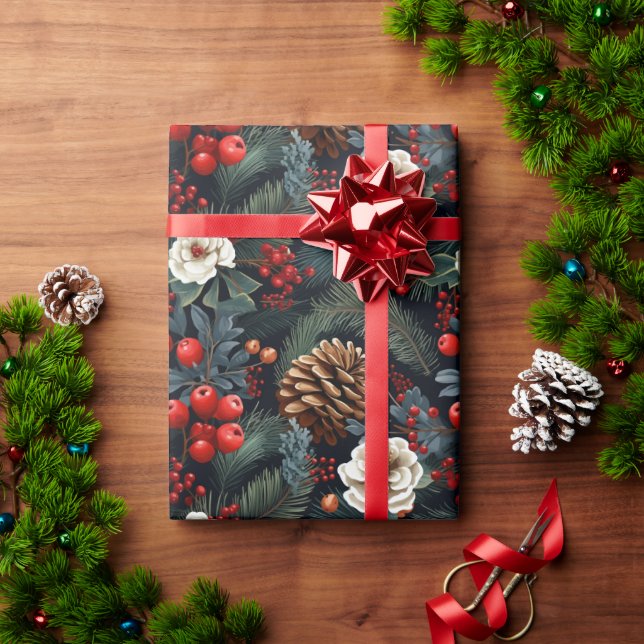 Papel De Presente Presentes com padrão de Natal floral de pinhas e f (Presente de Natal)