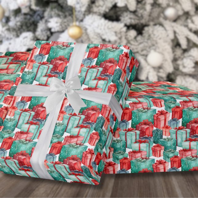 Papel De Presente Presentes de Feriado do Vermelho e Verde Natal (Classic Red Green Holiday Presents Christmas Wrapping Paper )