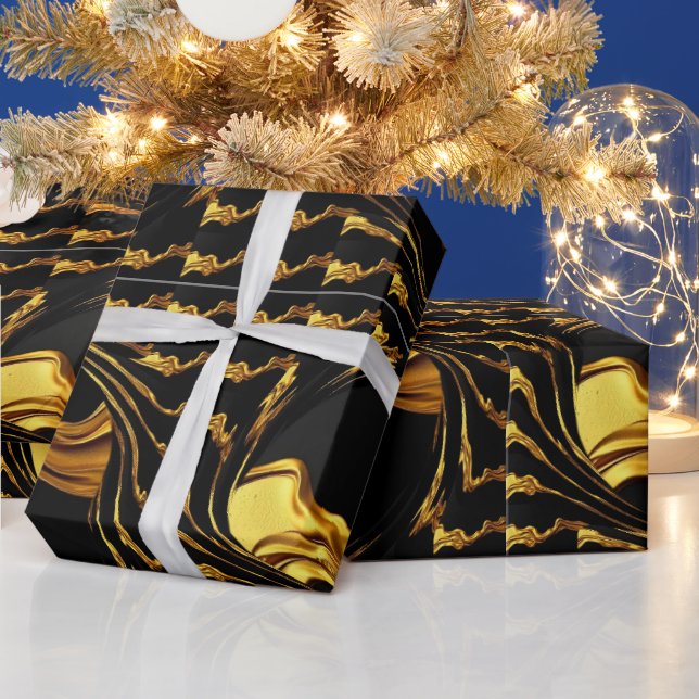 Papel De Presente Presentes de Luxo: Preto Monocromático Ouro Líquid (Feriados)