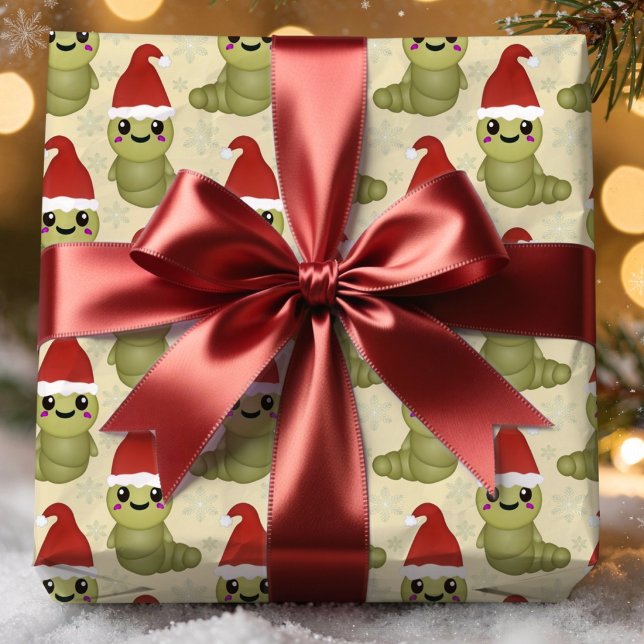 Papel De Presente Presentes Desenhados à Mão de Minhocas de Natal Fo (I have drawn this little worm character to bring a touch of cuteness to your Christmas gifting.)