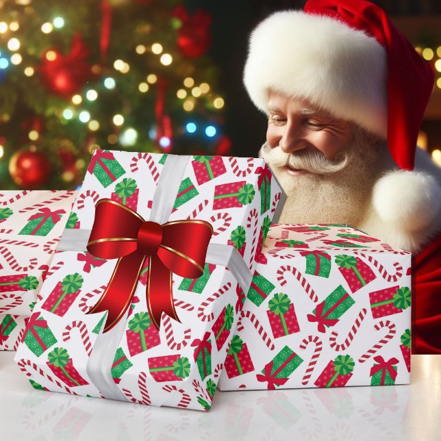 Papel De Presente Presentes Vermelhos de Natal com Canes Cady (Criador carregado)