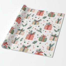 Papel De Presente Presentes Vermelhos e Verdes com Raminhos de Pinhe