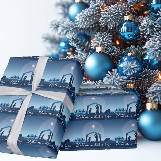 Papel De Presente Presépio de Natal Religioso Azul (Criador carregado)