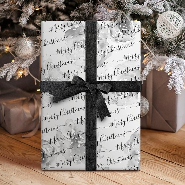 Papel De Presente Preto Branco Personalizado Sereia de Natal Feliz (Black White Custom Merry Christmas Script Floral Wrapping Paper)