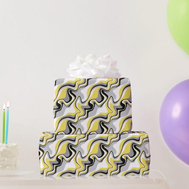 Papel De Presente Preto, Cinza e Fluido Abstrato Amarelo (Presentes para festas)